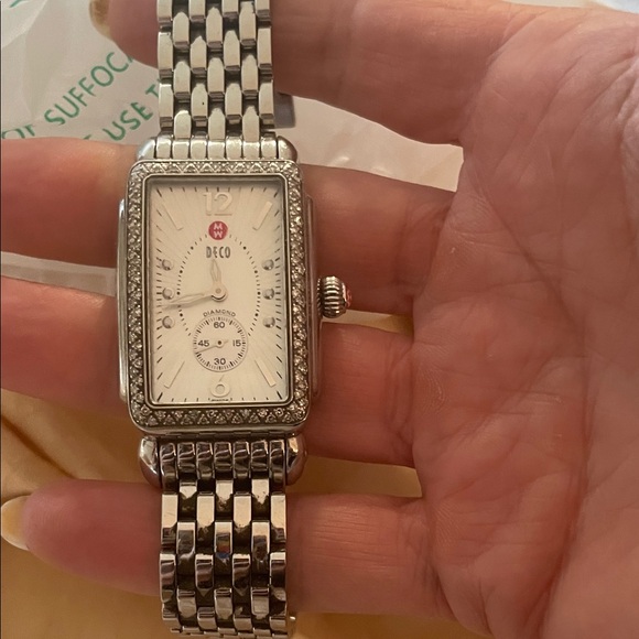 Michele Silver Deco Diamond-Trim Rectangular Bracelet Watch